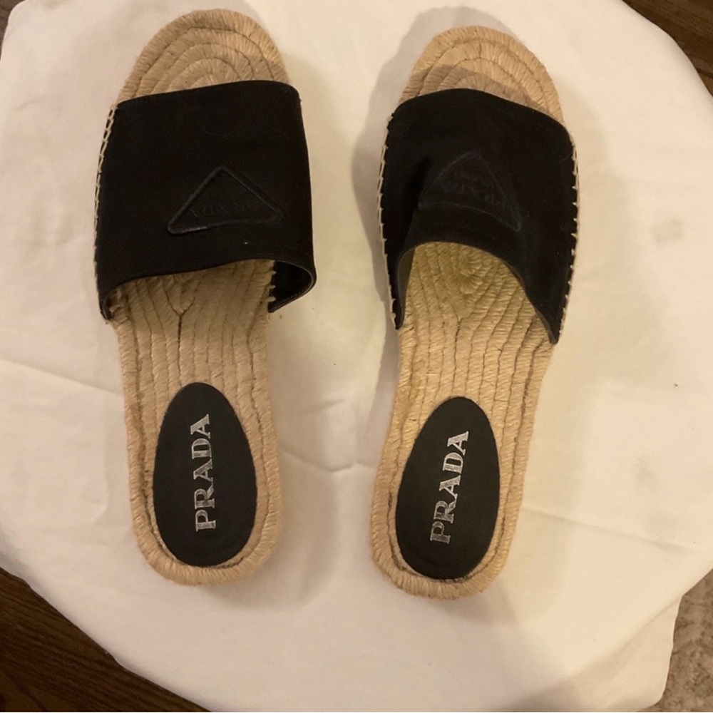 Prada Black and Tan Espadrille Slides for Women